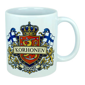 Introducing the Mug: Finland Coat of Arms Custom Name Ceramic Mug (11 oz Capacity) by Nordic Wholesale—a white ceramic mug featuring a vibrant coat of arms design with a lion, two Finnish flags, a crown, and your custom name (such as "Korhonen") emblazoned across the crest. The word "Suomi" is displayed below the emblem, making this Finnish-themed mug an ideal heritage gift or personalized family name keepsake for anyone proud of their Finnish roots.