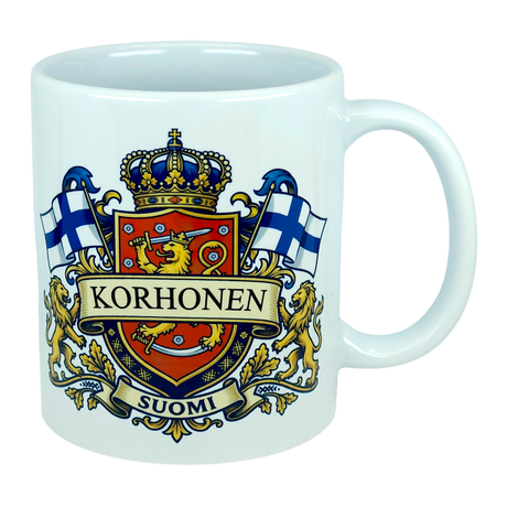 Introducing the Mug: Finland Coat of Arms Custom Name Ceramic Mug (11 oz Capacity) by Nordic Wholesale—a white ceramic mug featuring a vibrant coat of arms design with a lion, two Finnish flags, a crown, and your custom name (such as "Korhonen") emblazoned across the crest. The word "Suomi" is displayed below the emblem, making this Finnish-themed mug an ideal heritage gift or personalized family name keepsake for anyone proud of their Finnish roots.