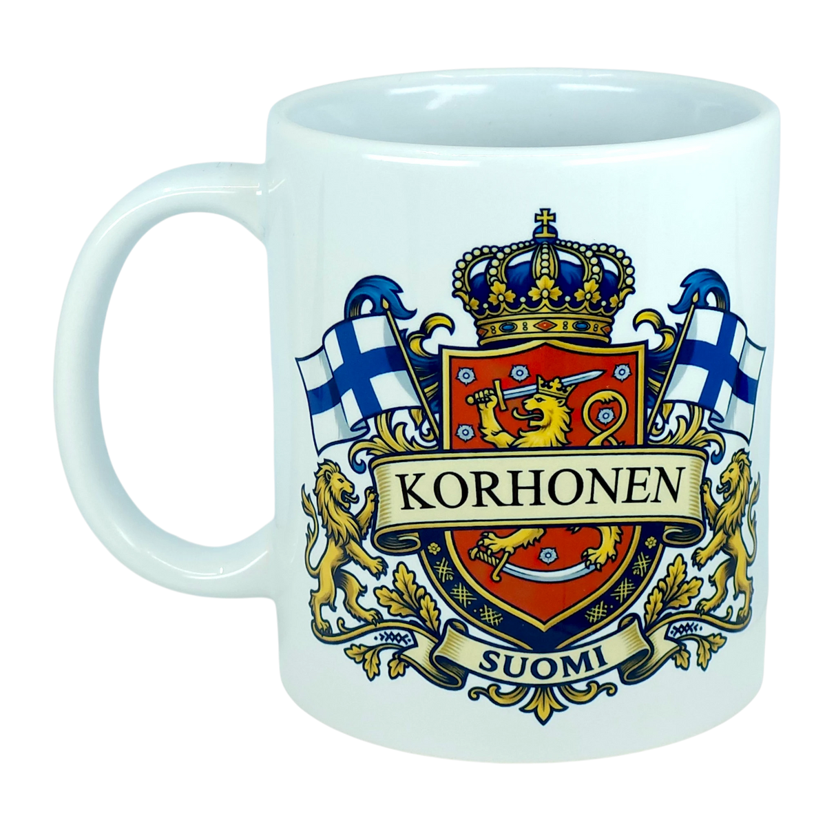 Enjoy your morning coffee in the Nordic Wholesale 11 oz Mug: Finland Coat of Arms Custom Name Ceramic Mug, featuring a vibrant crest with your chosen family name, two Finnish flags, a crowned lion shield, and "Suomi" displayed on a banner at the bottom. This personalized mug is an ideal Finland heritage gift for anyone proud of their roots.