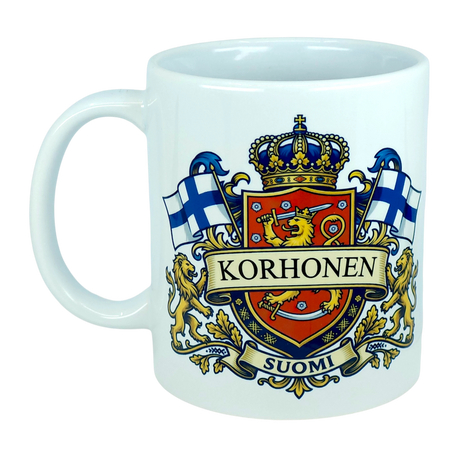 Enjoy your morning coffee in the Nordic Wholesale 11 oz Mug: Finland Coat of Arms Custom Name Ceramic Mug, featuring a vibrant crest with your chosen family name, two Finnish flags, a crowned lion shield, and "Suomi" displayed on a banner at the bottom. This personalized mug is an ideal Finland heritage gift for anyone proud of their roots.