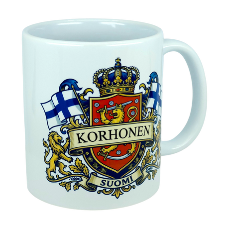 Show your Finnish pride with the Nordic Wholesale Mug: Finland Coat of Arms Custom Name Ceramic Mug (11 oz Capacity), featuring a white ceramic design adorned with the Korhonen family crest—a crowned shield, lions, Finnish flags, and “SUOMI” below—making it a perfect personalized mug to celebrate your heritage.