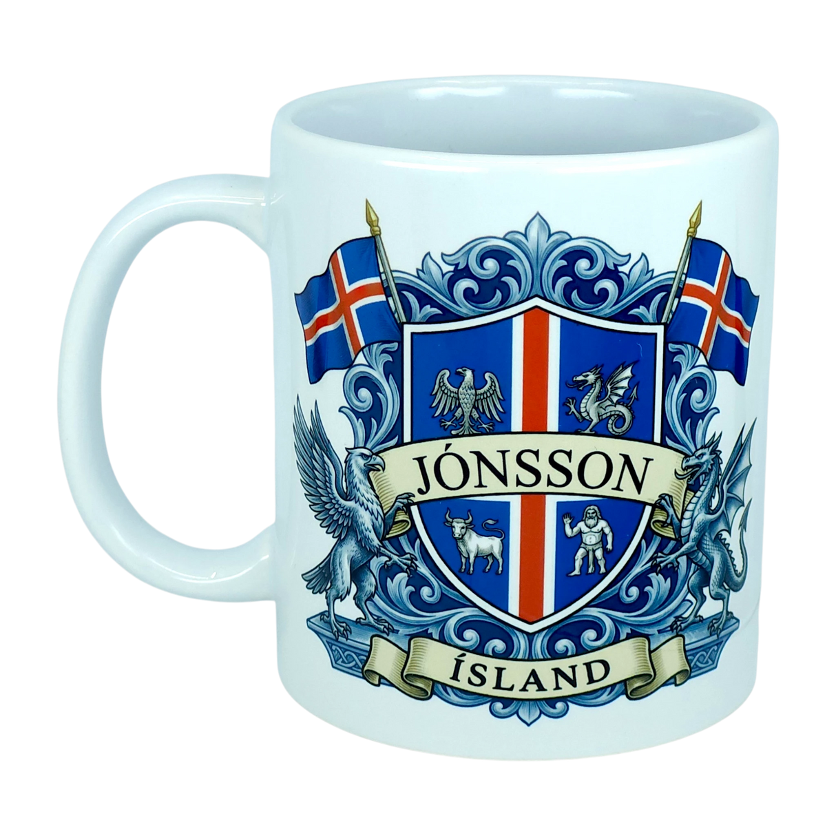 This Mug: Iceland Coat of Arms Custom Name Ceramic Mug (11 oz) by Nordic Wholesale features a white design adorned with a blue and red Icelandic crest, the surname Jónsson on a banner, national flags, mythical landvættir creatures, and "ÍSLAND" at the base—an eye-catching tribute to Icelandic heritage.