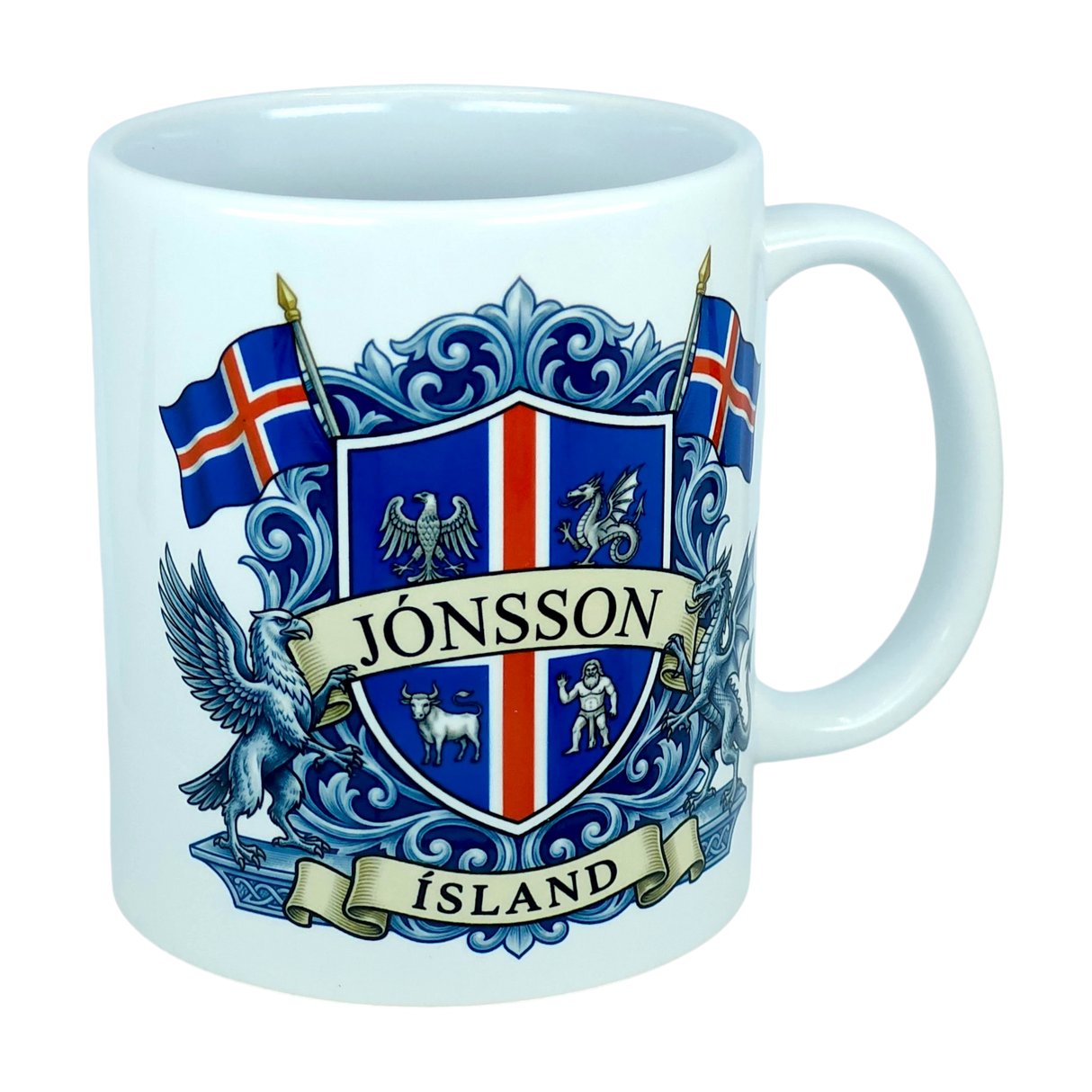 Experience the unique heritage of Iceland with the Mug: Iceland Coat of Arms Custom Name Ceramic Mug (11 oz Capacity) by Nordic Wholesale—a white ceramic mug featuring a striking blue and red Icelandic crest labeled Jönsson Ísland, flanked by Icelandic flags and mythical creatures on a crisp white background, making it an ideal Landvættir-inspired gift for lovers of Icelandic tradition.