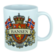 Enjoy your morning coffee with the Mug: Norway Coat of Arms Custom Name Ceramic Mug (11 oz Capacity) by Nordic Wholesale, featuring a white ceramic design adorned with a crest of two Norwegian flags, golden lions, and crown. Personalize it with your family name on the banner above “NORGE” for the perfect heritage gift—an ideal way to celebrate Norwegian roots!.