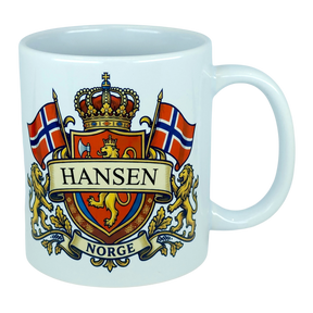 Enjoy your morning coffee with the Mug: Norway Coat of Arms Custom Name Ceramic Mug (11 oz Capacity) by Nordic Wholesale, featuring a white ceramic design adorned with a crest of two Norwegian flags, golden lions, and crown. Personalize it with your family name on the banner above “NORGE” for the perfect heritage gift—an ideal way to celebrate Norwegian roots!.