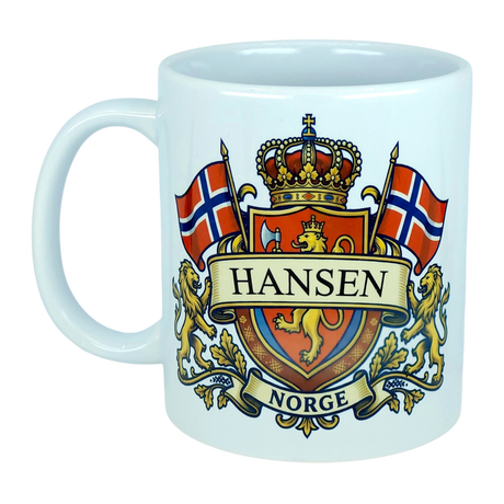 Sip your favorite beverage from the Nordic Wholesale Mug: Norway Coat of Arms Custom Name Ceramic Mug (11 oz Capacity), featuring a detailed crest with two Norwegian flags, a crown, gold lions, and a shield. Personalize it with your family name displayed on a banner above "Norge," making this mug the perfect Norwegian coat of arms keepsake and a thoughtful gift to celebrate Norway heritage.