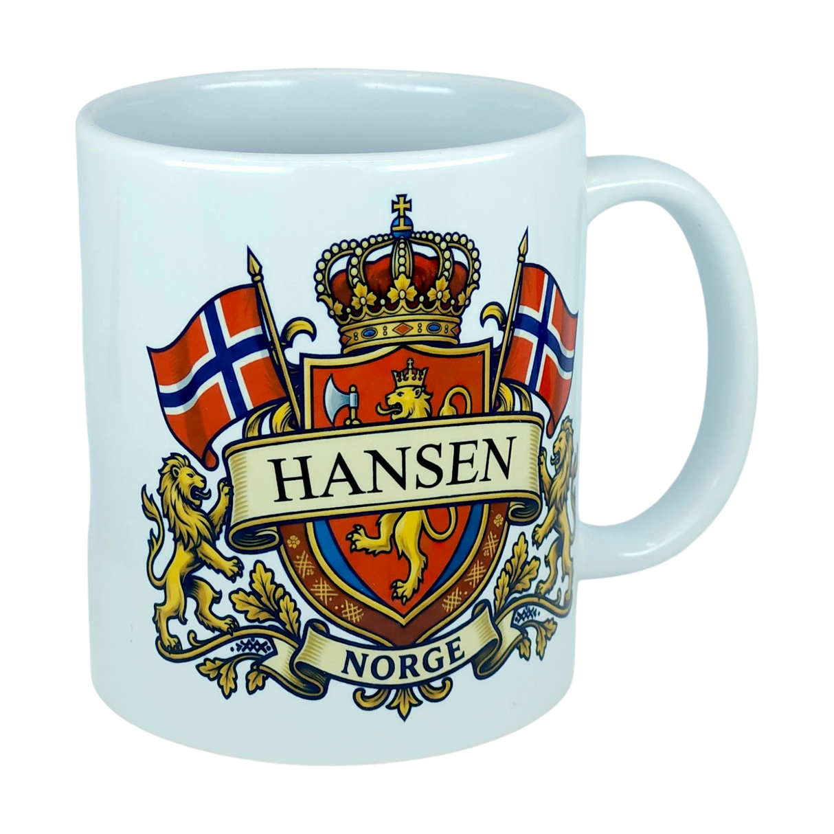 Introducing the Mug: Norway Coat of Arms Custom Name Ceramic Mug (11 oz Capacity) by Nordic Wholesale—a white ceramic mug showcasing a vibrant Norwegian coat of arms design. It features two Norwegian flags, a crown, lions, and a customizable banner for your family name above the word "NORGE." This personalized mug is an ideal Norway heritage gift for anyone proud of their roots.