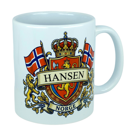 Introducing the Mug: Norway Coat of Arms Custom Name Ceramic Mug (11 oz Capacity) by Nordic Wholesale—a white ceramic mug showcasing a vibrant Norwegian coat of arms design. It features two Norwegian flags, a crown, lions, and a customizable banner for your family name above the word "NORGE." This personalized mug is an ideal Norway heritage gift for anyone proud of their roots.