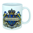 Celebrate your heritage with the Mug: Sweden Coat of Arms Custom Name Ceramic Mug (11 oz Capacity) from Nordic Wholesale—a white ceramic mug featuring a bold blue and gold Swedish coat of arms design, two Swedish flags, gold lions, your custom name (e.g. ANDERSSON) in prominent letters, and "SVERIGE" on a banner below the crest; this unique and personalized Sweden mug is perfect for showcasing national pride.
