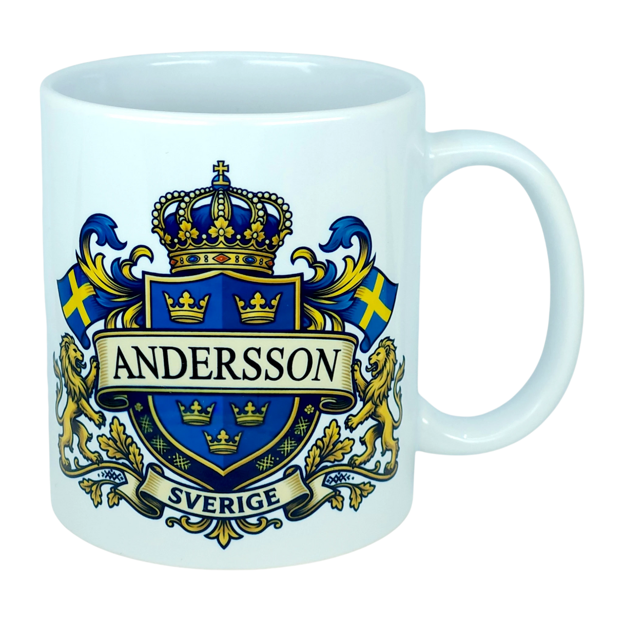Celebrate your heritage with the Mug: Sweden Coat of Arms Custom Name Ceramic Mug (11 oz Capacity) from Nordic Wholesale—a white ceramic mug featuring a bold blue and gold Swedish coat of arms design, two Swedish flags, gold lions, your custom name (e.g. ANDERSSON) in prominent letters, and "SVERIGE" on a banner below the crest; this unique and personalized Sweden mug is perfect for showcasing national pride.