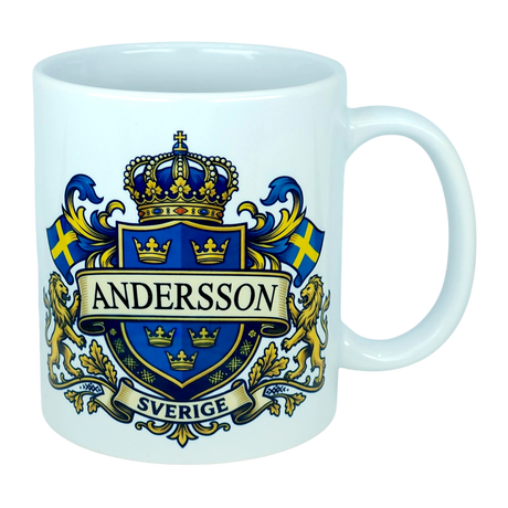Celebrate your heritage with the Mug: Sweden Coat of Arms Custom Name Ceramic Mug (11 oz Capacity) from Nordic Wholesale—a white ceramic mug featuring a bold blue and gold Swedish coat of arms design, two Swedish flags, gold lions, your custom name (e.g. ANDERSSON) in prominent letters, and "SVERIGE" on a banner below the crest; this unique and personalized Sweden mug is perfect for showcasing national pride.