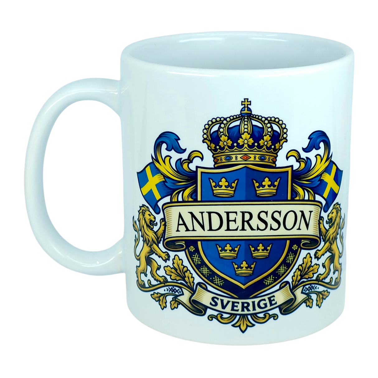 Introducing the Nordic Wholesale Mug: Sweden Coat of Arms Custom Name Ceramic Mug (11 oz Capacity)—a white ceramic mug adorned with a Swedish-style blue and gold crest featuring your custom name, two Swedish flags, gold lions, and a regal crown above. Beneath the design, "SVERIGE" is written on a banner, making this personalized mug the perfect way to celebrate and display your Swedish heritage.