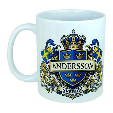 Introducing the Nordic Wholesale Mug: Sweden Coat of Arms Custom Name Ceramic Mug (11 oz Capacity)—a white ceramic mug adorned with a Swedish-style blue and gold crest featuring your custom name, two Swedish flags, gold lions, and a regal crown above. Beneath the design, "SVERIGE" is written on a banner, making this personalized mug the perfect way to celebrate and display your Swedish heritage.