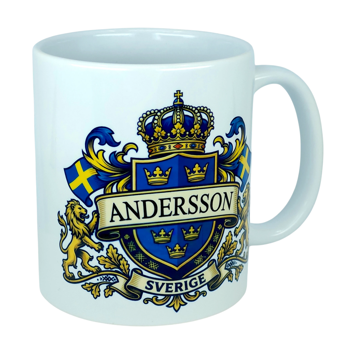 Introducing the Nordic Wholesale Mug: Sweden Coat of Arms Custom Name Ceramic Mug (11 oz Capacity)—a white ceramic mug featuring a regal blue and gold family crest with crown, triple-crown shield, lions, Swedish flags, and your custom name above a banner reading SVERIGE. Perfect for celebrating your heritage or adding personalized Swedish pride to your collection!.