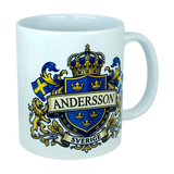 Introducing the Nordic Wholesale Mug: Sweden Coat of Arms Custom Name Ceramic Mug (11 oz Capacity)—a white ceramic mug featuring a regal blue and gold family crest with crown, triple-crown shield, lions, Swedish flags, and your custom name above a banner reading SVERIGE. Perfect for celebrating your heritage or adding personalized Swedish pride to your collection!.