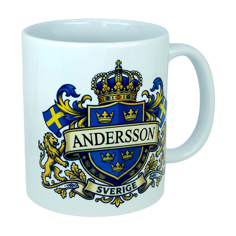 Introducing the Nordic Wholesale Mug: Sweden Coat of Arms Custom Name Ceramic Mug (11 oz Capacity)—a white ceramic mug featuring a regal blue and gold family crest with crown, triple-crown shield, lions, Swedish flags, and your custom name above a banner reading SVERIGE. Perfect for celebrating your heritage or adding personalized Swedish pride to your collection!.