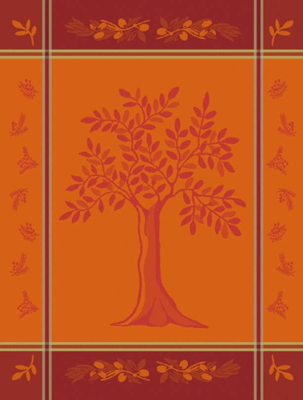 Rectangular orange and red jacquard-woven kitchen textile with a central olive tree motif and olive branch borders.