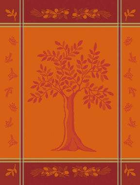 Rectangular orange and red jacquard-woven kitchen textile with a central olive tree motif and olive branch borders.