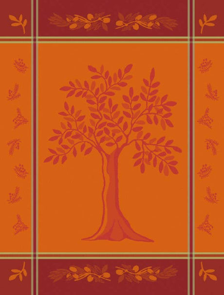 Rectangular orange and red jacquard-woven kitchen textile with a central olive tree motif and olive branch borders.
