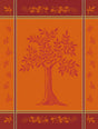 Rectangular orange and red jacquard-woven kitchen textile with a central olive tree motif and olive branch borders.