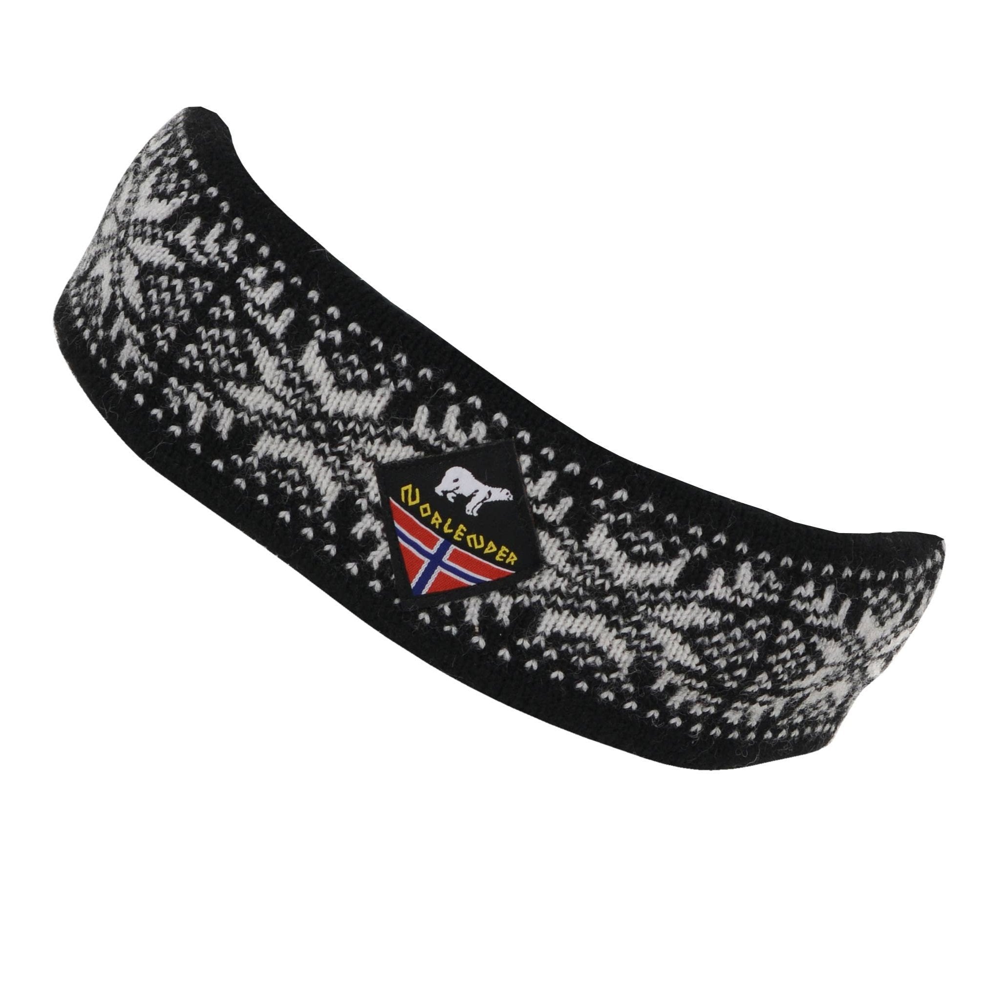 Black and white snowflake-patterned headband, featuring an embroidered logo with a bear and flag design at the center, inspired by traditional Norwegian knitwear. Product: Norlender - Snowflake Headband Black.