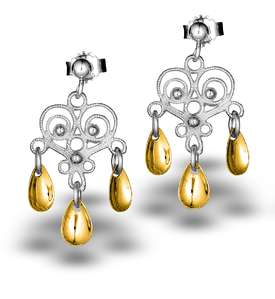 Earrings: Sølje Heart Earrings handcrafted in Norway with silver filigree and three gold teardrop dangles, displayed on a white background with soft shadows.