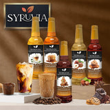 A bottle of Syruvia Swiss Chocolate Mocha Syrup with pure cane sugar is displayed alongside coffee drinks and beans, while a Syruvia sign in the background highlights their premium selection.