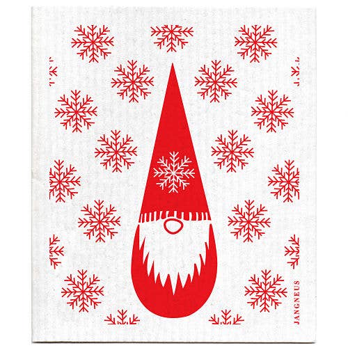 This eco-friendly design, featuring a red gnome with a pointy hat surrounded by snowflakes on a white background, is perfect for the super absorbent and stylish Dish Cloth: Tomte Red.