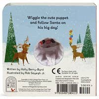 Back cover of a toddler Christmas book featuring two reindeer and a plush Santa finger puppet embedded in the center.