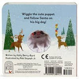 Back cover of a toddler Christmas book featuring two reindeer and a plush Santa finger puppet embedded in the center.