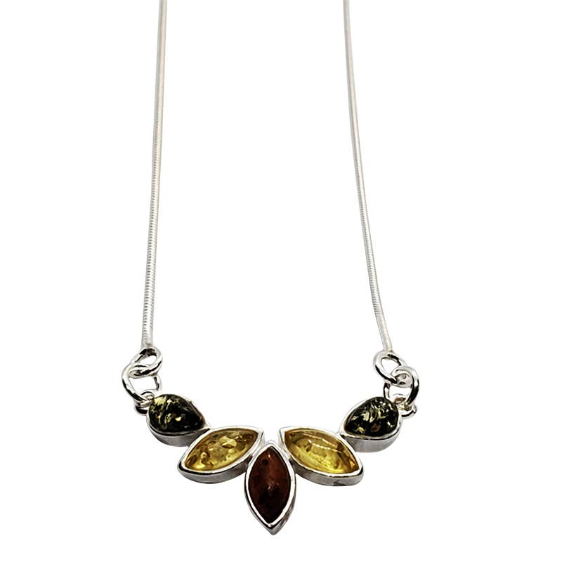 The sterling silver necklace features five teardrop-shaped gemstones in lush green and vibrant yellow, beautifully accented with Baltic amber, all arranged in a fan pattern. Product Name: Necklace: Marquise Teardrop Shaped Multi-Color 5 Amber Stones Sterling Silver Necklace 17.