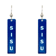 A pair of blue Sisu Dangle Earrings, handmade in Minnesota, with SISU written vertically in white on each rectangular piece.