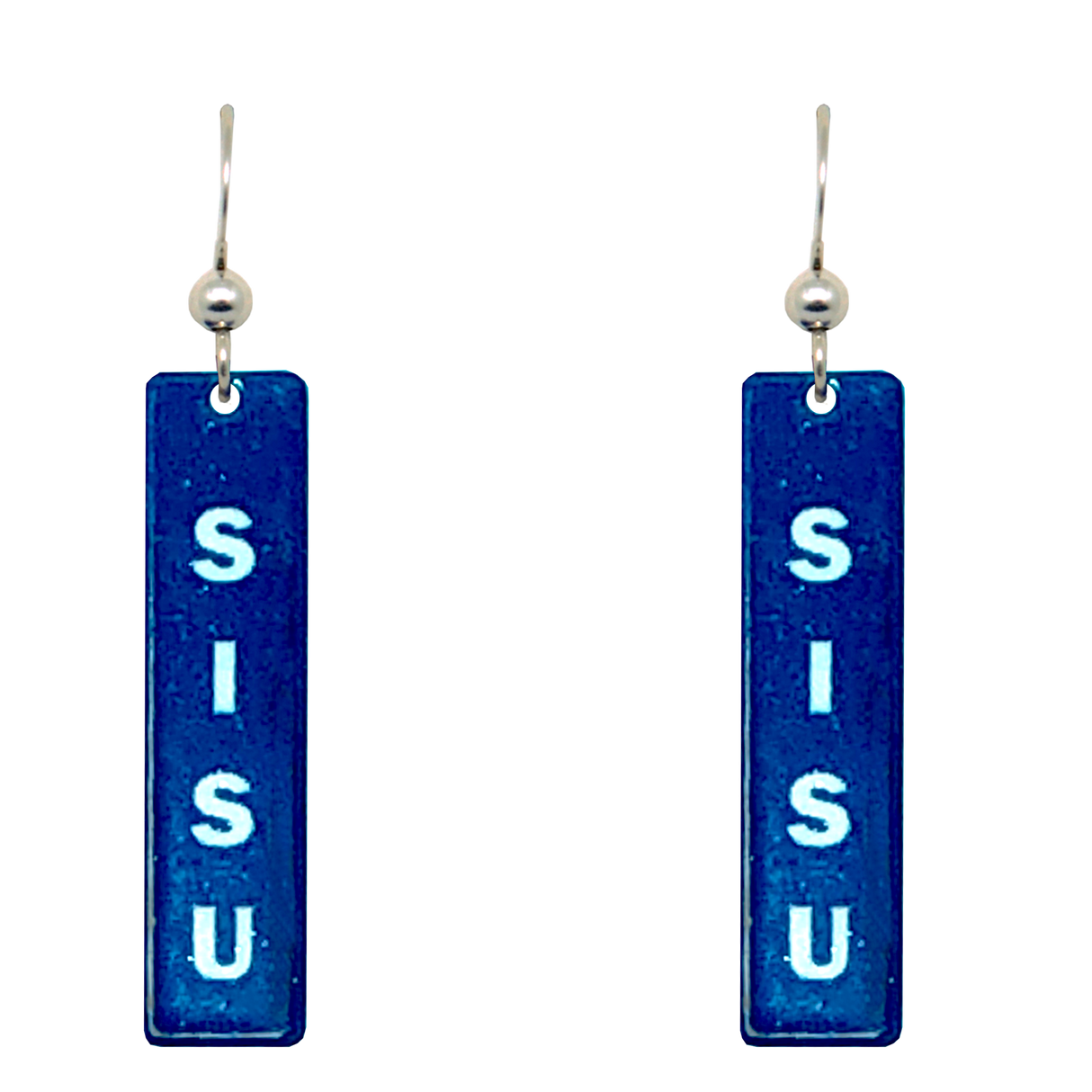 A pair of blue Sisu Dangle Earrings, handmade in Minnesota, with SISU written vertically in white on each rectangular piece.