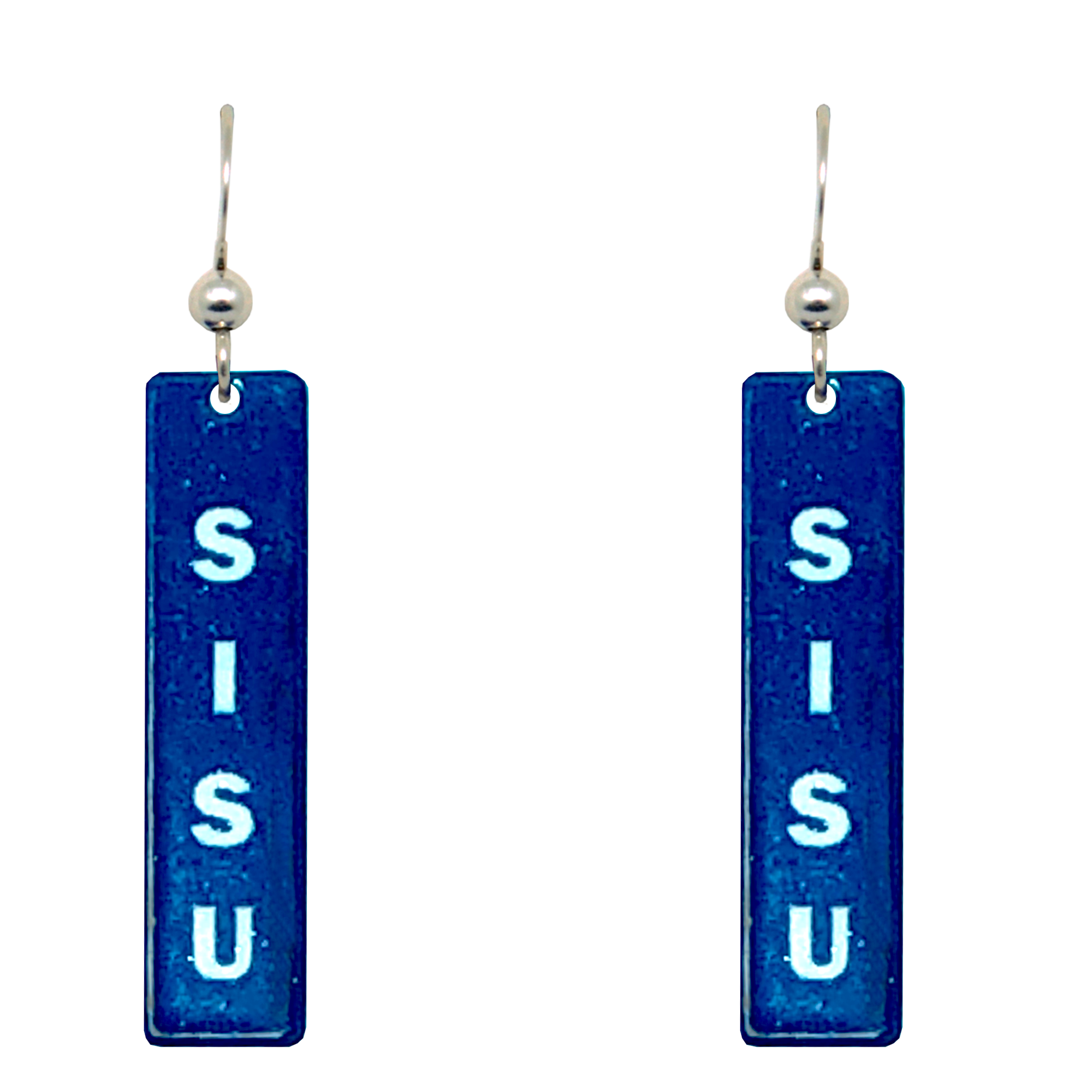 A pair of blue Sisu Dangle Earrings, handmade in Minnesota, with SISU written vertically in white on each rectangular piece.
