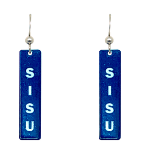 A pair of blue Sisu Dangle Earrings, handmade in Minnesota, with SISU written vertically in white on each rectangular piece.