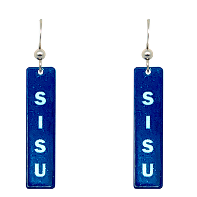 A pair of blue Sisu Dangle Earrings, handmade in Minnesota, with SISU written vertically in white on each rectangular piece.
