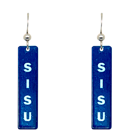 A pair of blue Sisu Dangle Earrings, handmade in Minnesota, with SISU written vertically in white on each rectangular piece.