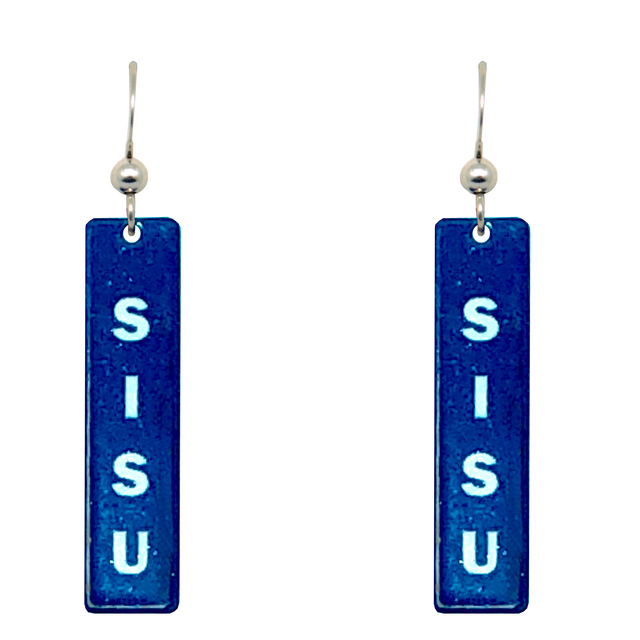 A pair of blue Sisu Dangle Earrings, handmade in Minnesota, with SISU written vertically in white on each rectangular piece.