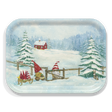 Five gnomes with red hats open a wooden gate in a snowy landscape, surrounded by pine trees, a rabbit, and a red house with falling snow.