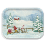 Five gnomes with red hats open a wooden gate in a snowy landscape, surrounded by pine trees, a rabbit, and a red house with falling snow.