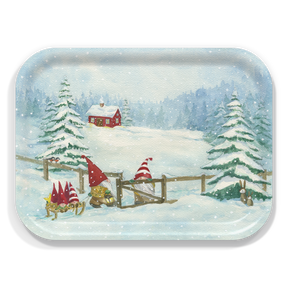 Five gnomes with red hats open a wooden gate in a snowy landscape, surrounded by pine trees, a rabbit, and a red house with falling snow.