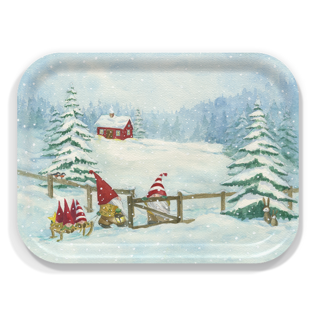 Five gnomes with red hats open a wooden gate in a snowy landscape, surrounded by pine trees, a rabbit, and a red house with falling snow.