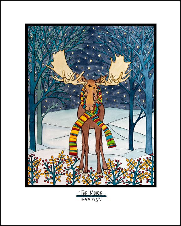 Picture a holiday moose adorned with a vibrant scarf, situated in a snowy forest beneath a starry night sky and surrounded by bare trees—ideal as Christmas decor or an 8"x10" giclee print titled "Artwork: Holiday Moose.