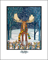 The "Holiday Moose" 11"x14" Giclee Print by Sarah Angst features a festive moose in a striped scarf, standing in a snowy night forest with blue trees and falling snow—an illustrated, vibrant winter scene.