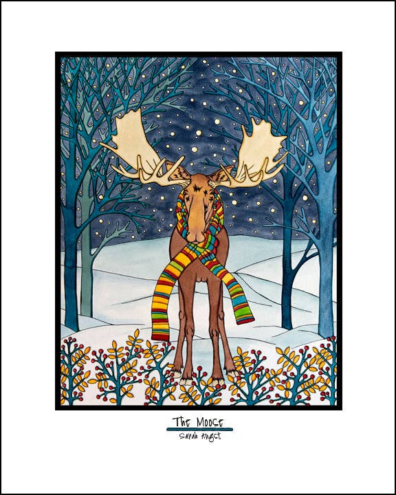 The "Holiday Moose" 11"x14" Giclee Print by Sarah Angst features a festive moose in a striped scarf, standing in a snowy night forest with blue trees and falling snow—an illustrated, vibrant winter scene.