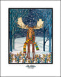 The "Holiday Moose" 11"x14" Giclee Print by Sarah Angst features a festive moose in a striped scarf, standing in a snowy night forest with blue trees and falling snow—an illustrated, vibrant winter scene.
