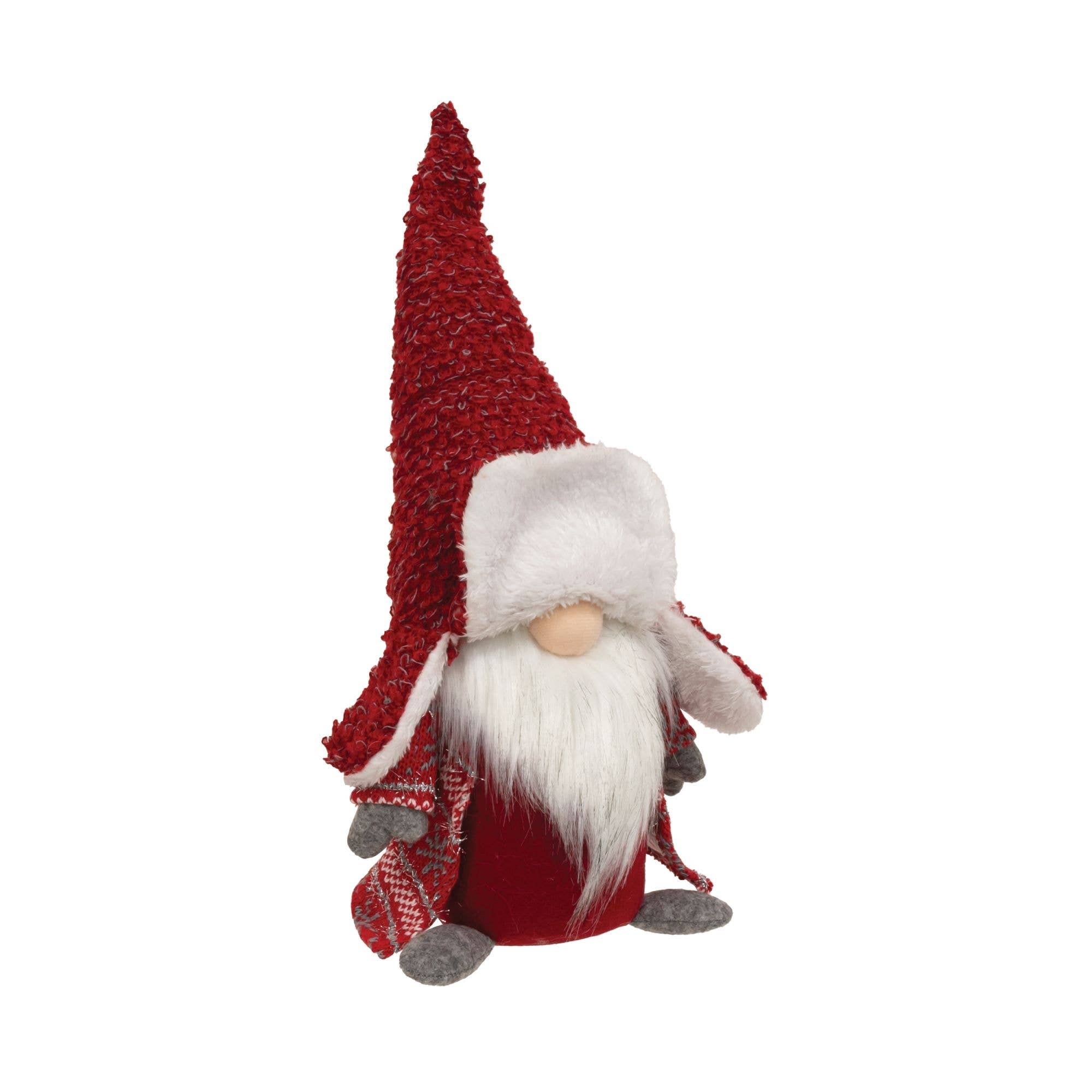 The Gnome: Fuzzy Red Tomte - Nisse - Gnome with Sweater Jacket, 14" tall, features a long white beard, round nose, gray mittens and shoes, and a tall red hat with furry brim—perfect Christmas holiday decor for any space.