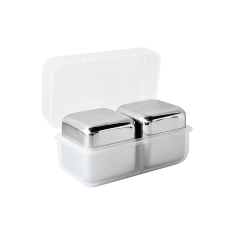 Cubes: Stainless Steel Ice Cubes in Plastic Case Set of 2, 1.57" Square—reusable cubes to chill drinks without dilution, stored in a compact transparent case with hinged lid.