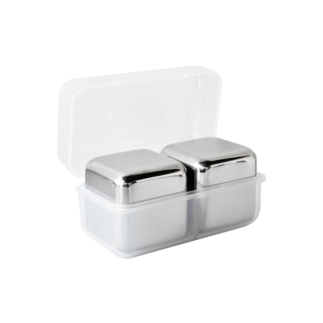 Cubes: Stainless Steel Ice Cubes in Plastic Case Set of 2, 1.57" Square—reusable cubes to chill drinks without dilution, stored in a compact transparent case with hinged lid.