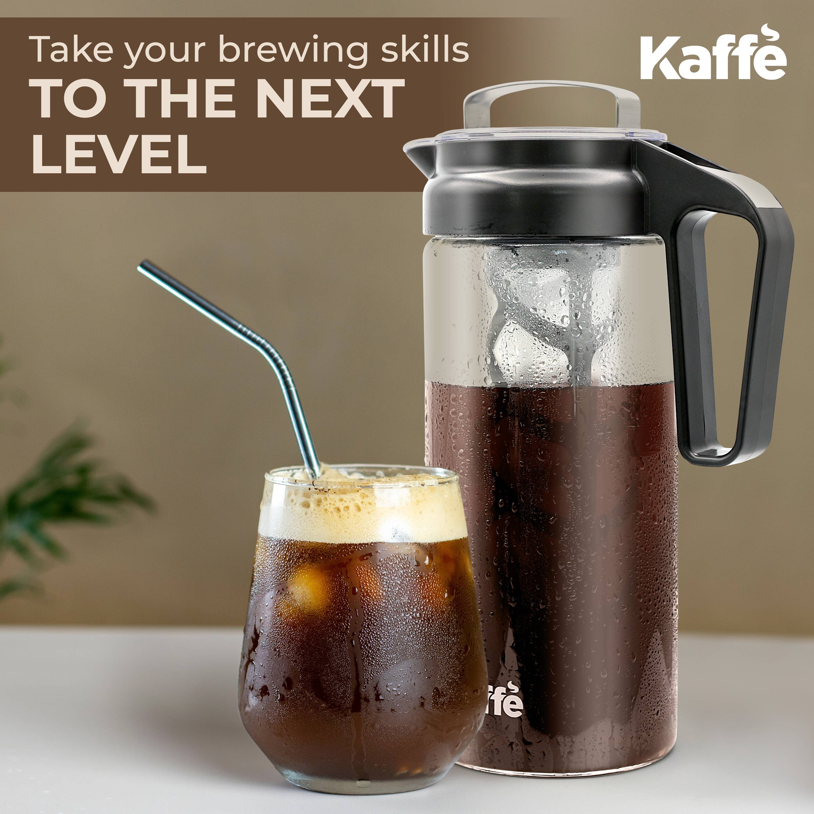 A glass pitcher and a glass of iced coffee with a metal straw sit on a table; text reads: Elevate your brews with the Kaffe Cold Brew Coffee Maker, a 1.3L borosilicate glass coffee pitcher.